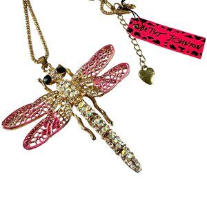 Betsy Johnson Pink Crystal Dragonfly Pendant Necklace Gold Chain